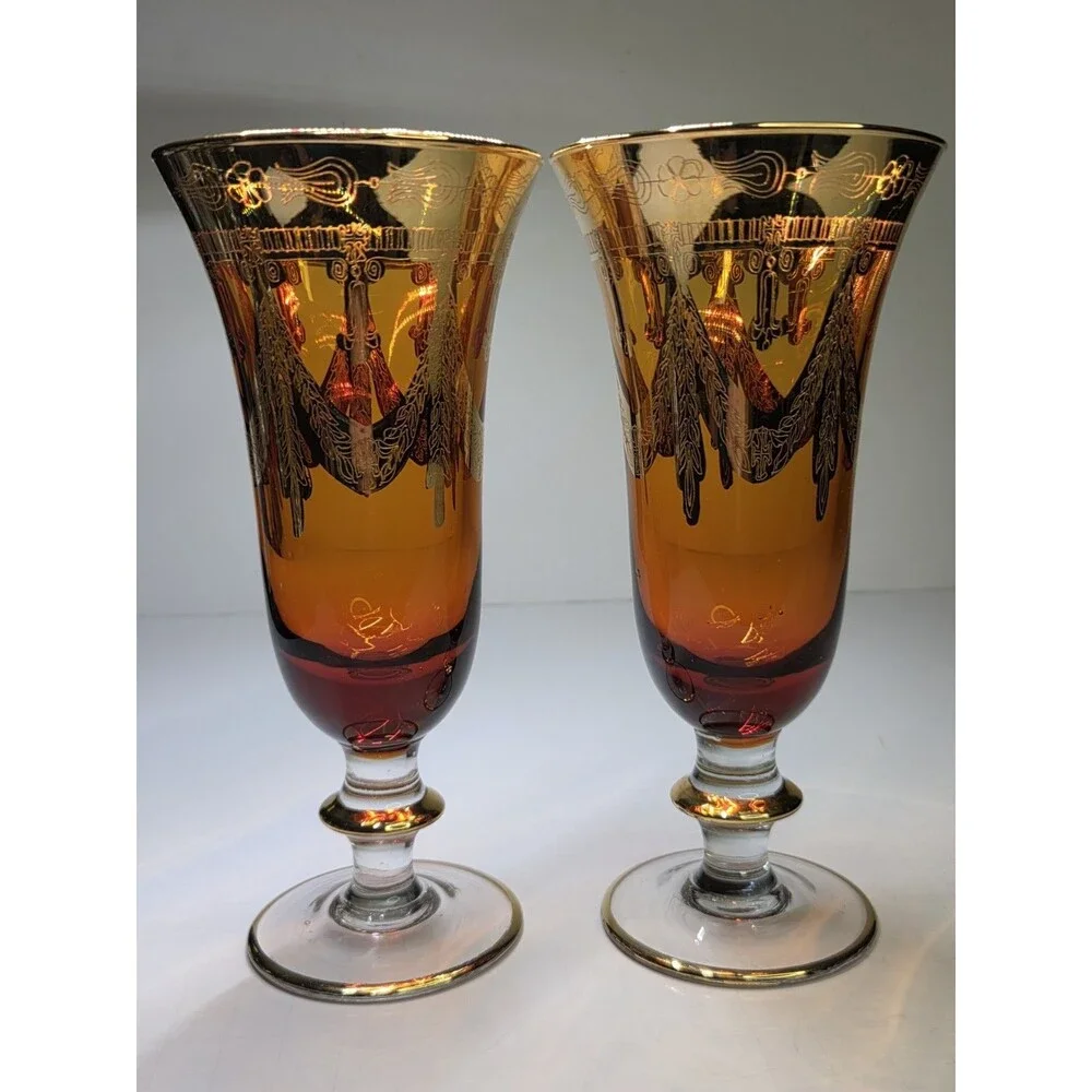 Pair Of Arte Italica Medici Amber Gold Champagne Flutes Goblets Glasses 7.5